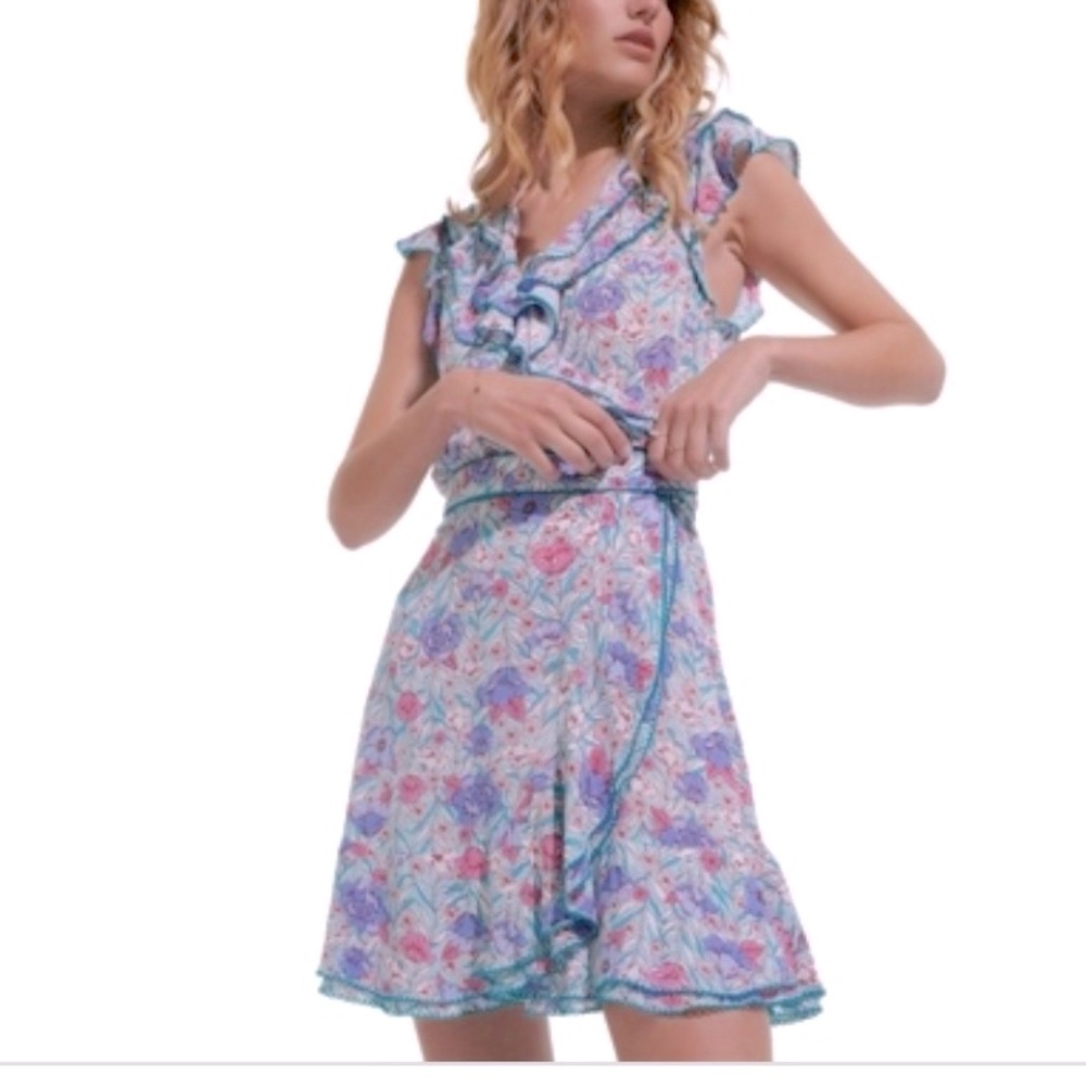 Poupette St. Barth Ruffled Floral Mini Dress - Blue and Pink